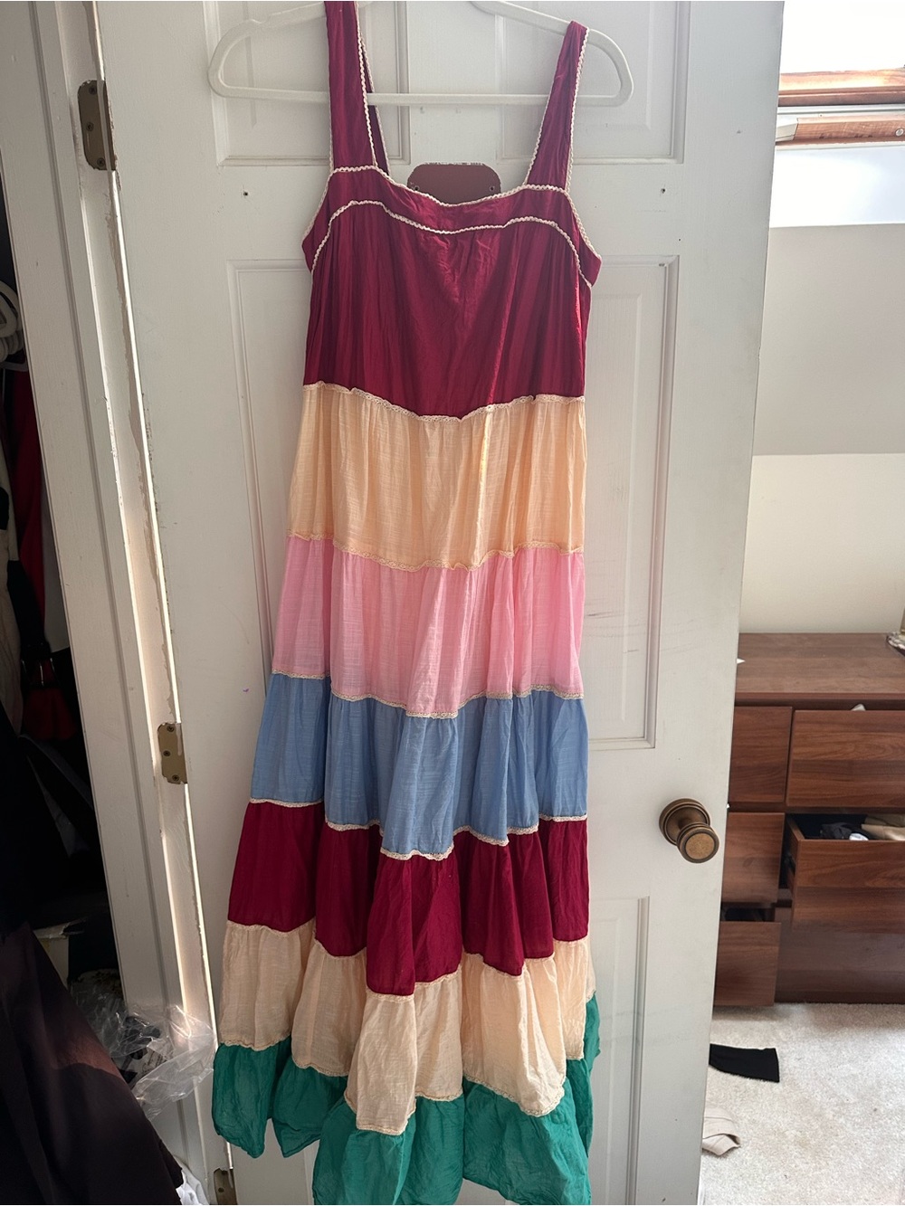 Sézane Multicolor Tiered Maxi Dress - Burgundy, Cream, Pink, Blue, Green